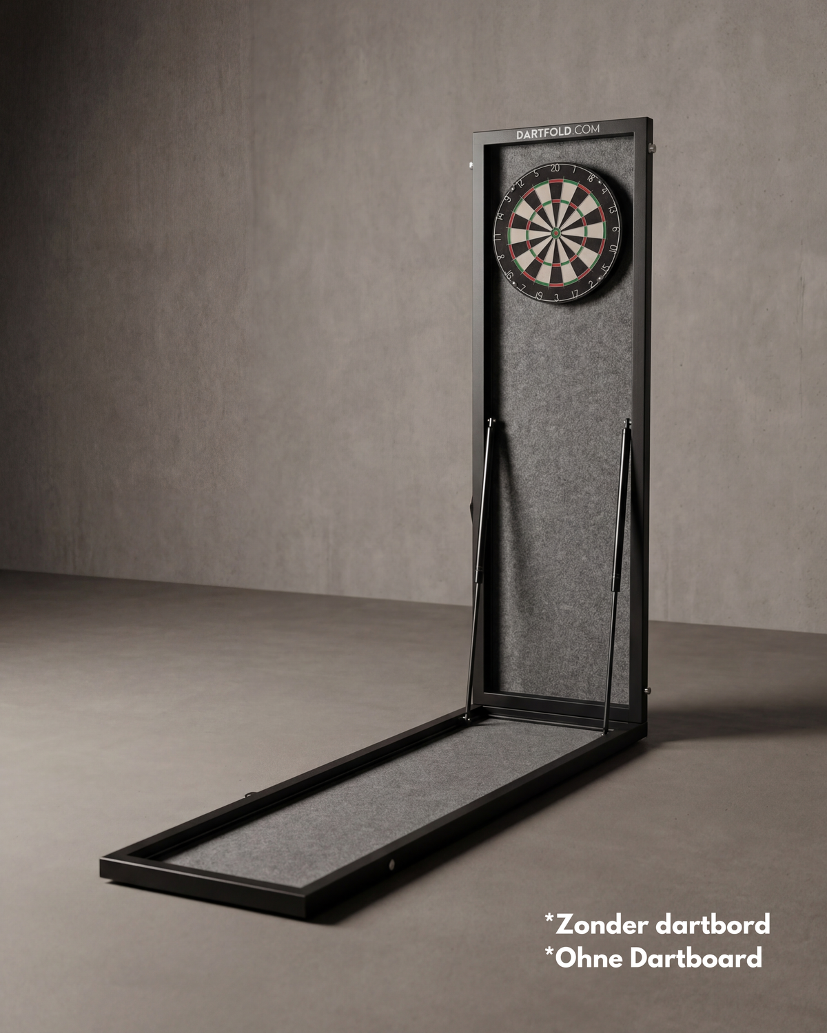 Dartfold dartbaan met dartbord en oche