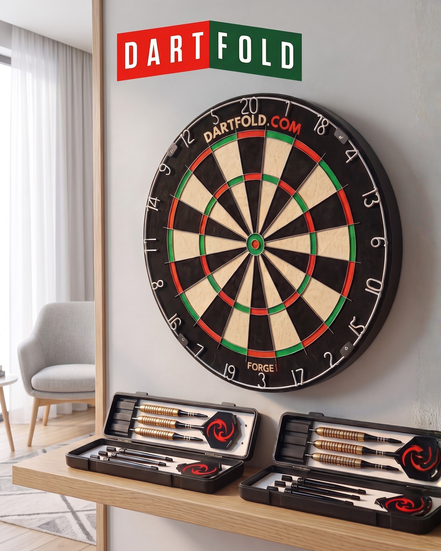 Dartfold Forge 1 — Bristle Dartbord incl. 6 Dartpijlen | Complete Dartset